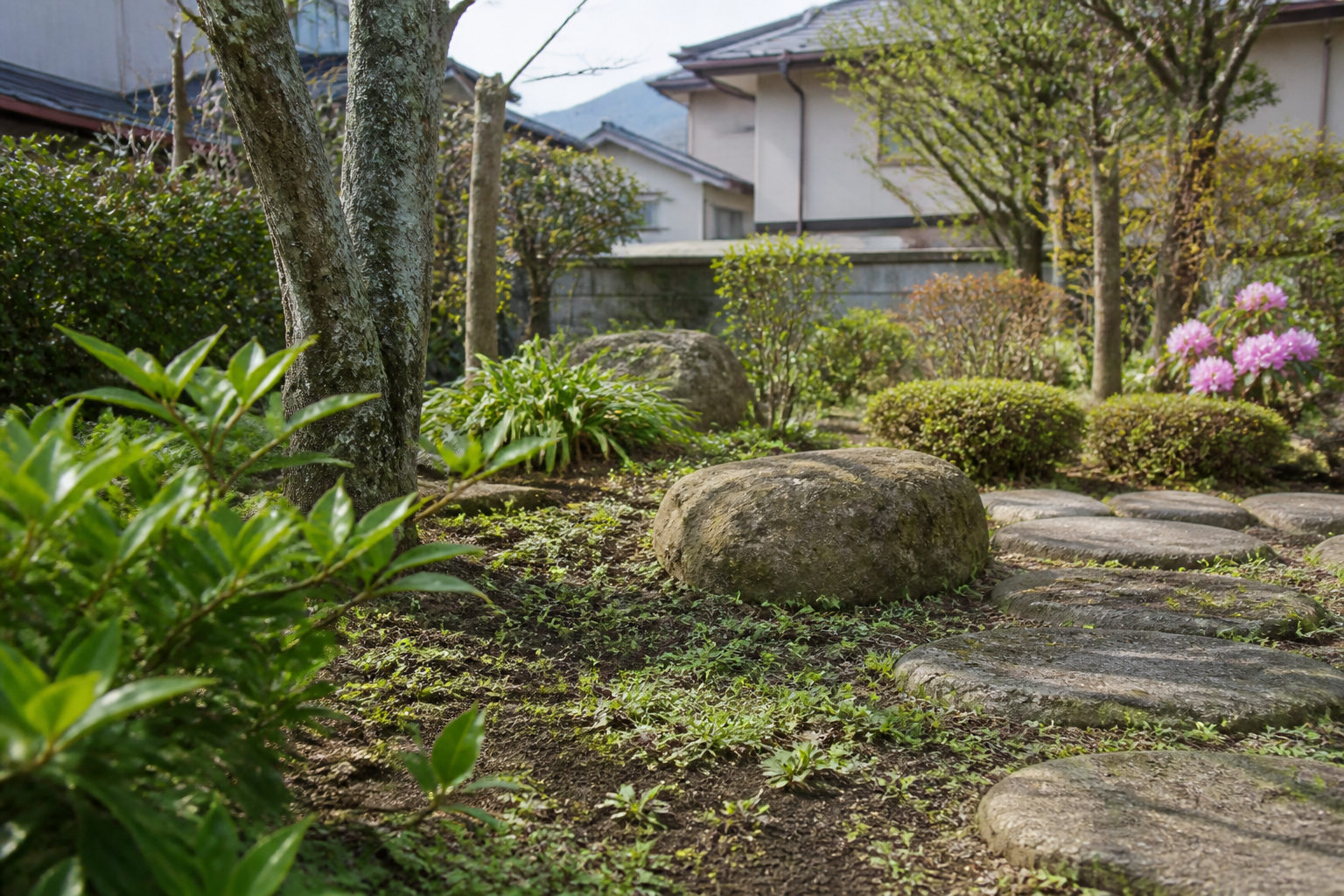 春に生え始めた庭の小さな雑草