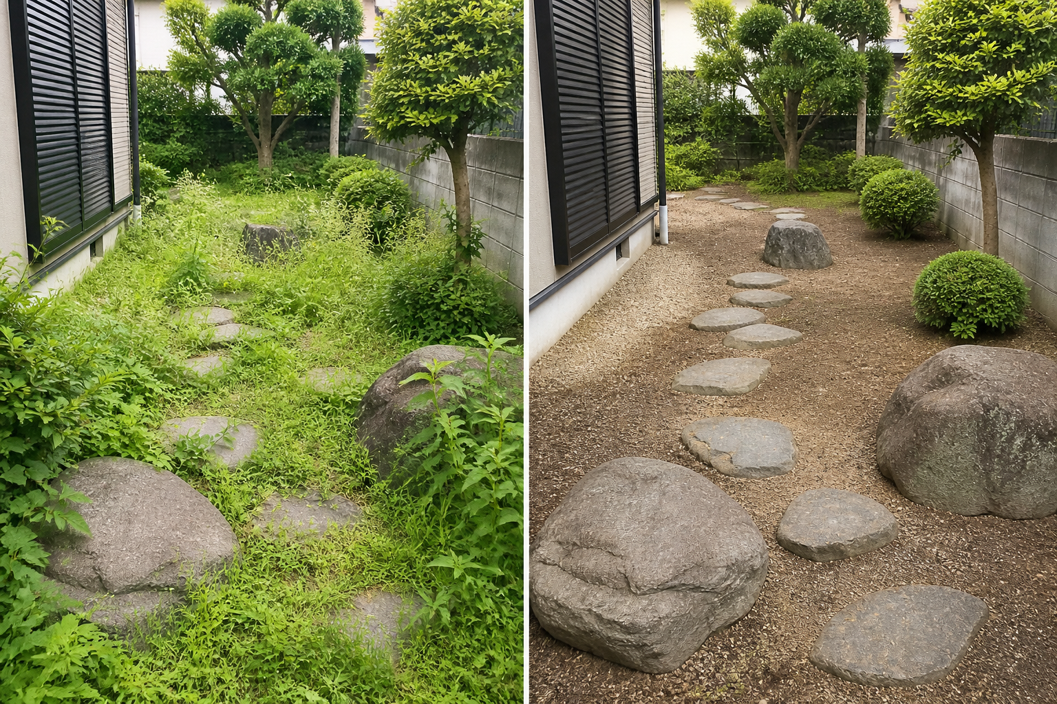庭の草取り前と草取り後の比較